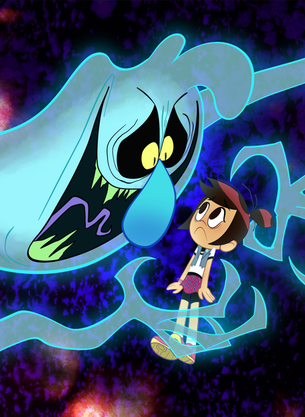 Scratch from The Ghost and Molly McGee is cackling with a scary look on his face as he reached his hands out towards a sad looking Molly.