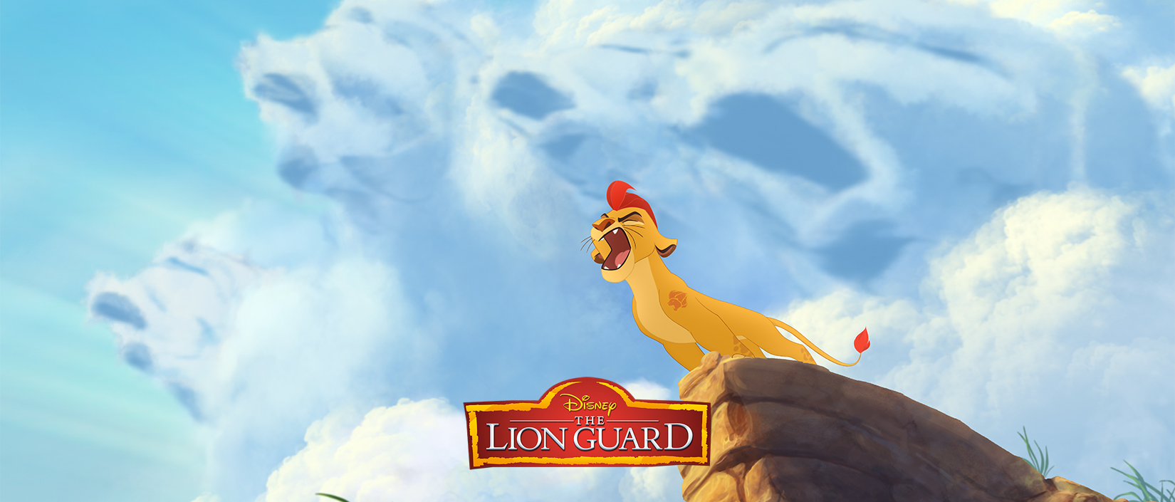 Kion from The Lion Guard roars standing on the edge of a cliff as clouds shaped as roaring lions swirl behind him. The words ‘The Lion Guard’ are overlayed.