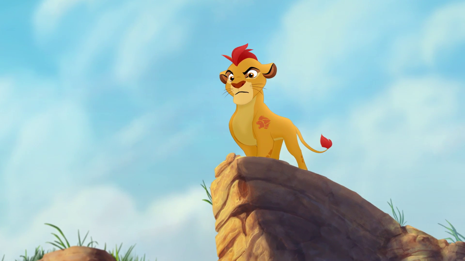 Kion from the Lion Guard stands on a ledge and looks down at the ground below him with a serious look on his face.