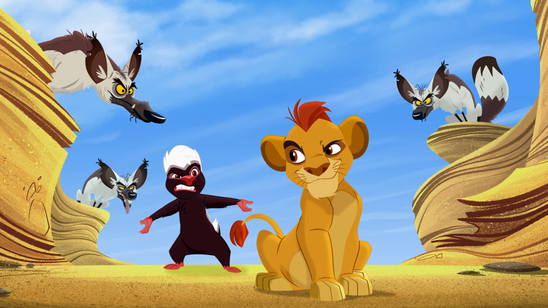 Kion and Bunga from The Lion Guard stand in the dessert looking at each other while hyenas Janja, Chungu, and Cheezi stare at them from ledges above.