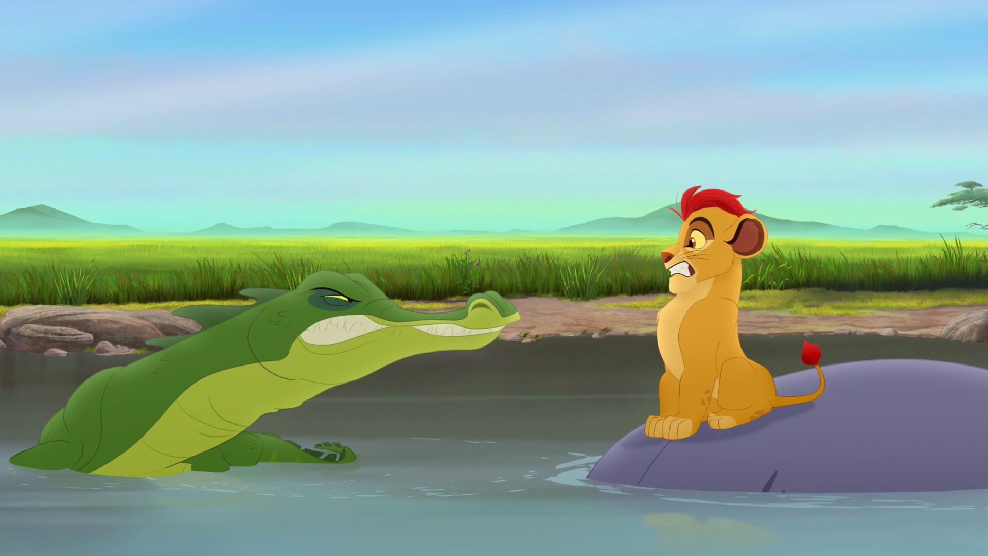 Kion from the Lion Guard stands on top of a hippo emerged in water scared as Makuu the crocodile stands close to him snarling with his teeth visible.