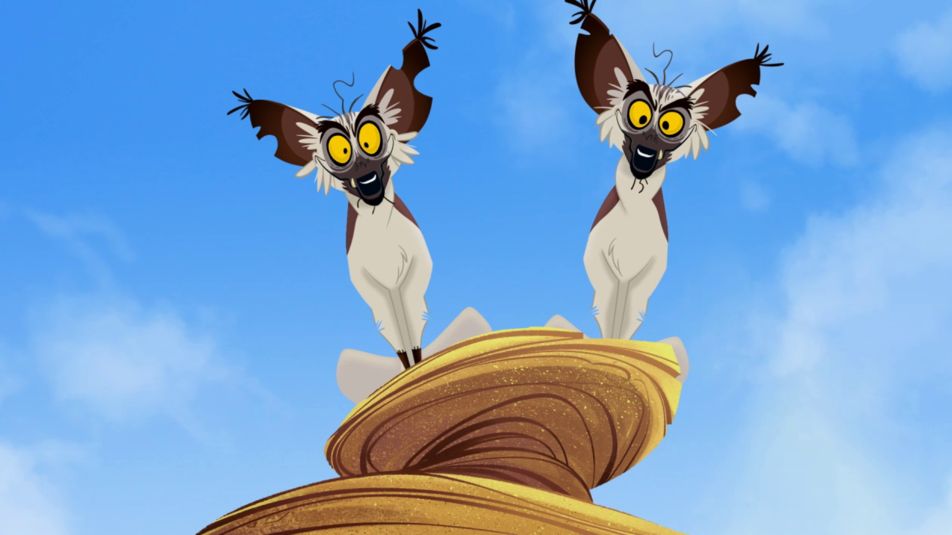 Two hyenas from The Lion Guard sit on a ledge with blue skies behind them as they look down menacingly.