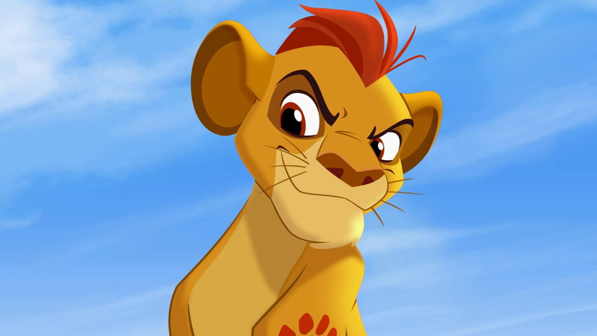 Kion from the Lion Guard smirks and looks to the left with bright blue skies in the background.
