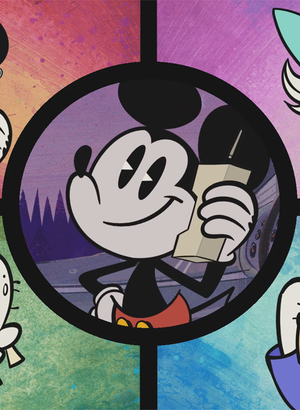 Mickey, Minnie, Donald, Goofy, and Daisy are shown in a split screen as they all talk on the phone with each other in their pajamas looking tired, while Mickey is upbeat.