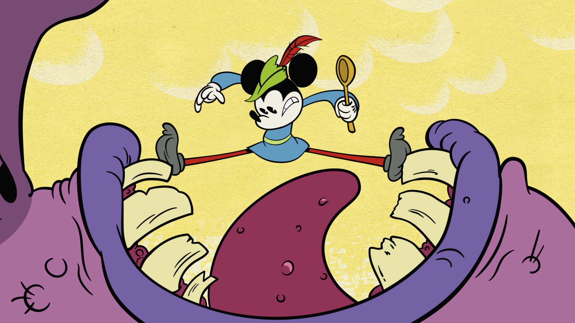 Mickey from The Wonderful World of Mickey Mouse is wearing a peasant costume holding a wooden spoon as he uses his feet to hold open a monster’s mouth.
