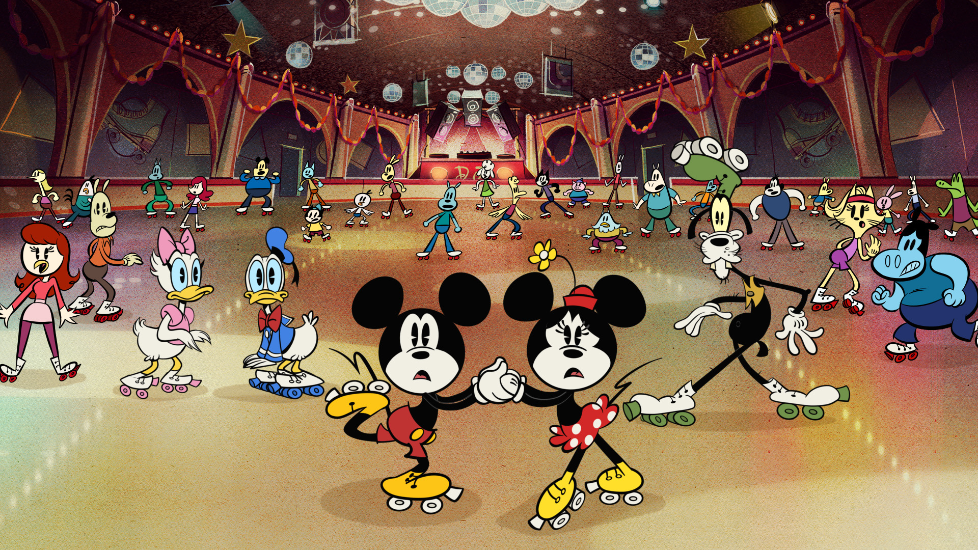 Mickey and Minnie from The Wonderful World of Mickey Mouse look towards the camera worried as they hold hands roller skating while other characters do the same behind them.