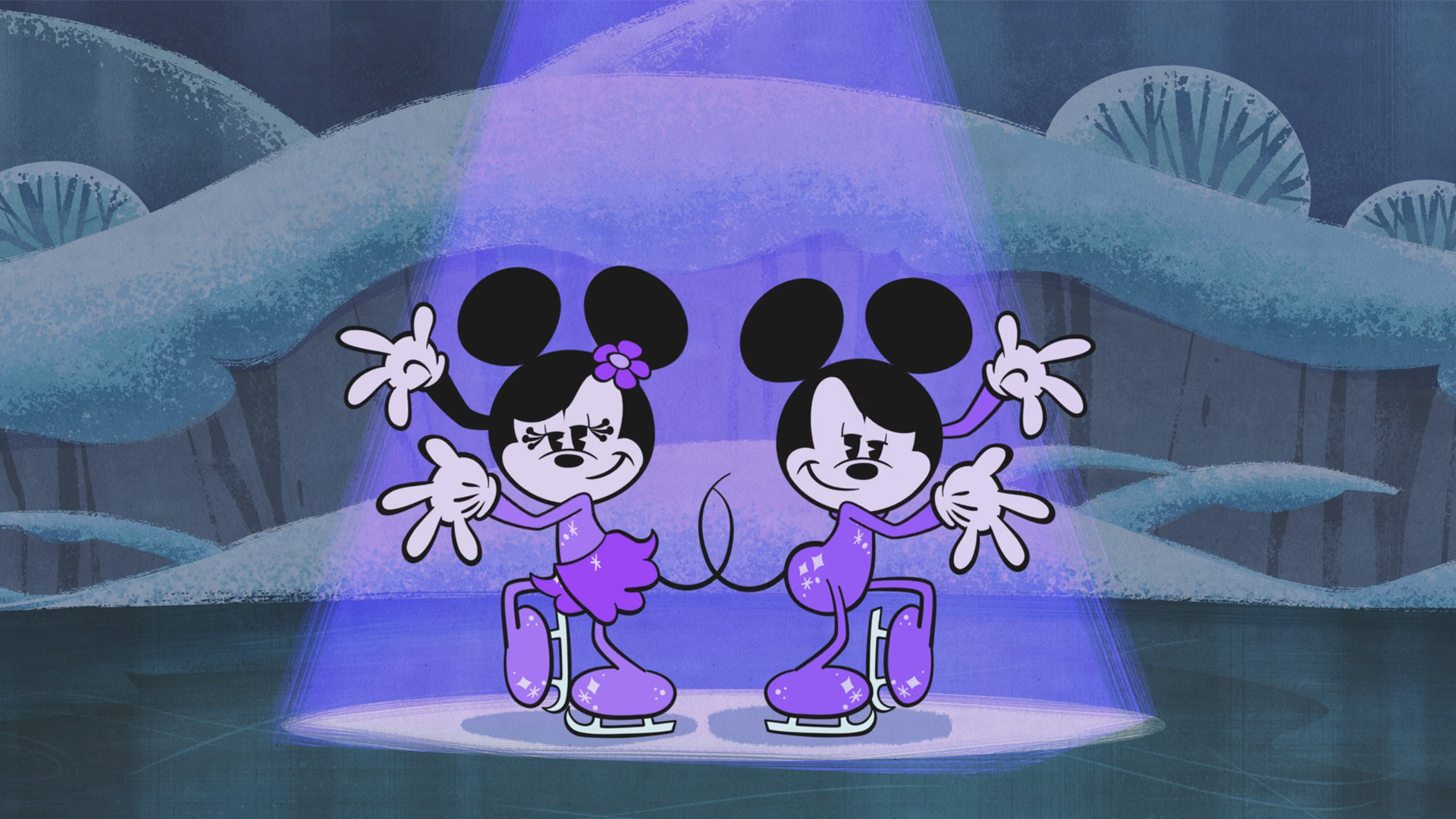 Mickey and Minnie Mouse from the Wonderful World of Mickey Mouse strike a pose under a purple spotlight wearing ice skating uniforms and skates.
