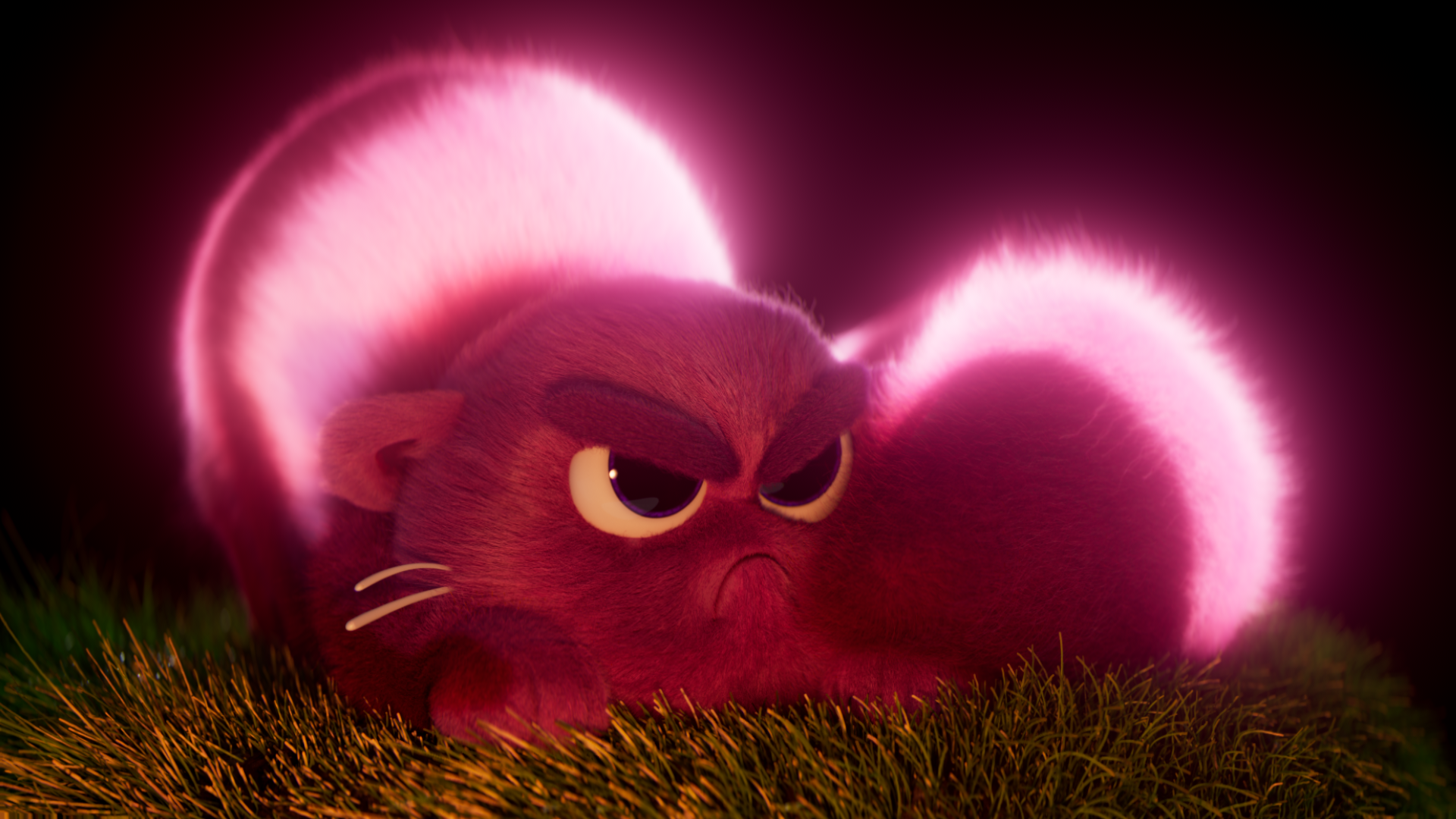 Skwoosh curled up and glowing as he looks off screen suspiciously.