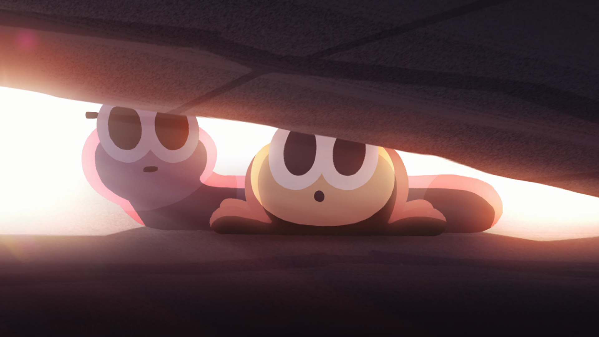 Bunny McBee the bee and Opale, his best friend the worm, peer out from underneath a rock as they look on in wonder.