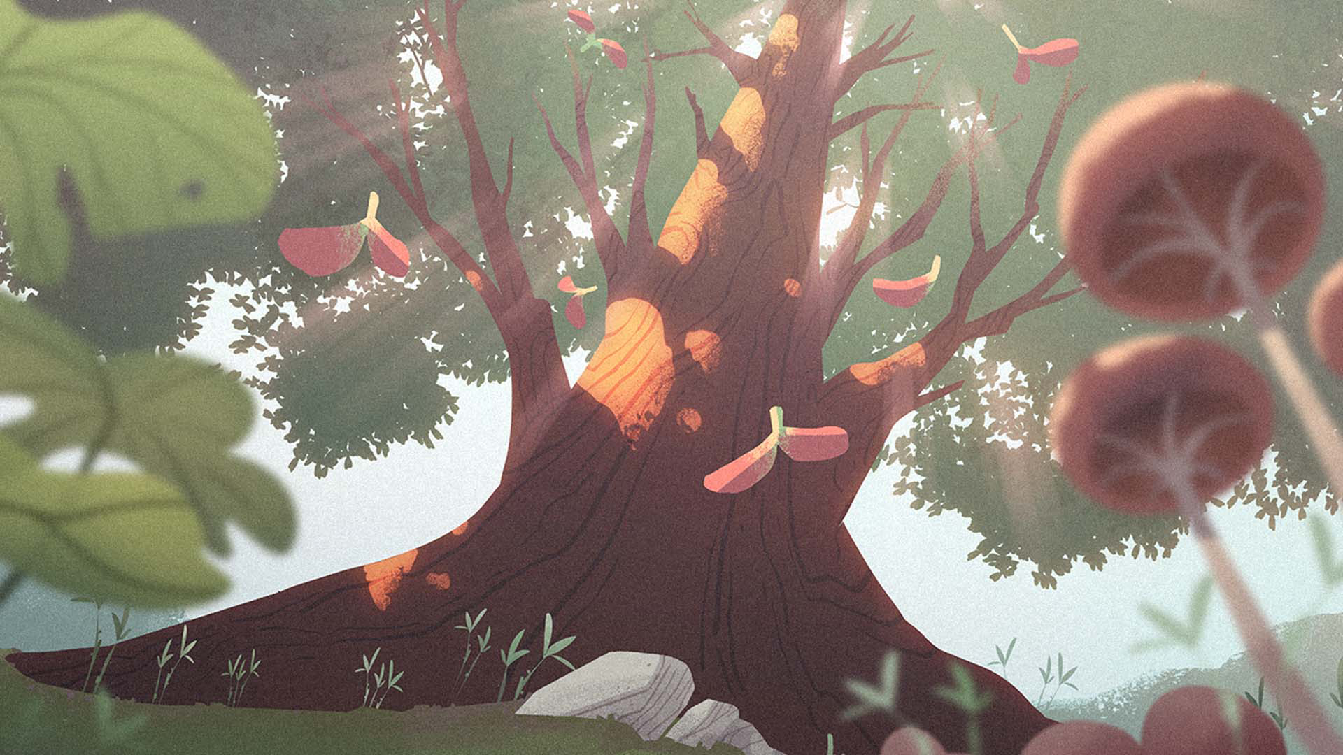 Base of big red the Maple tree with plants in the foreground. Leaves fall from the tree as they float in the air.