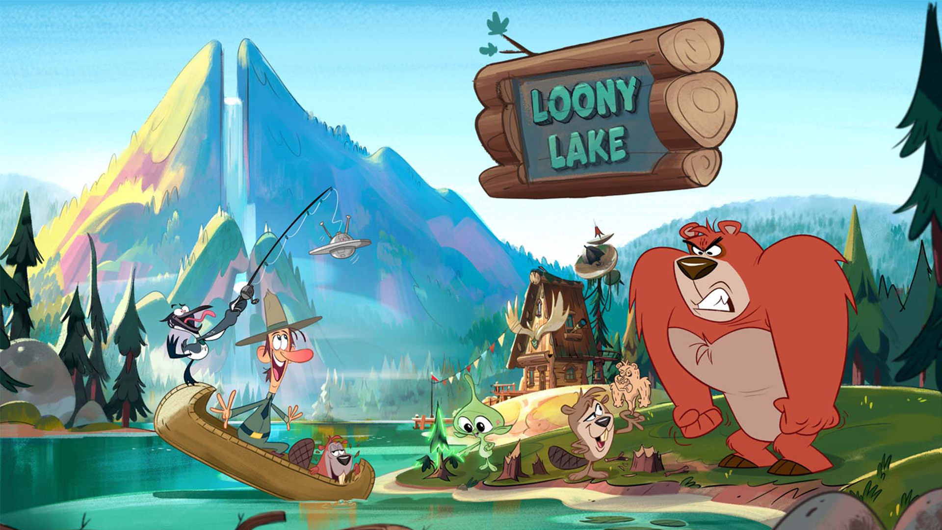 Loony Loon and Glen Jackson the ranger are on a boat in the water while Chuck and Saw the beavers, Allen the alien, and Mr. Prickle the Bear stand on the bank of the lake. The words Loony Lake are overlayed.