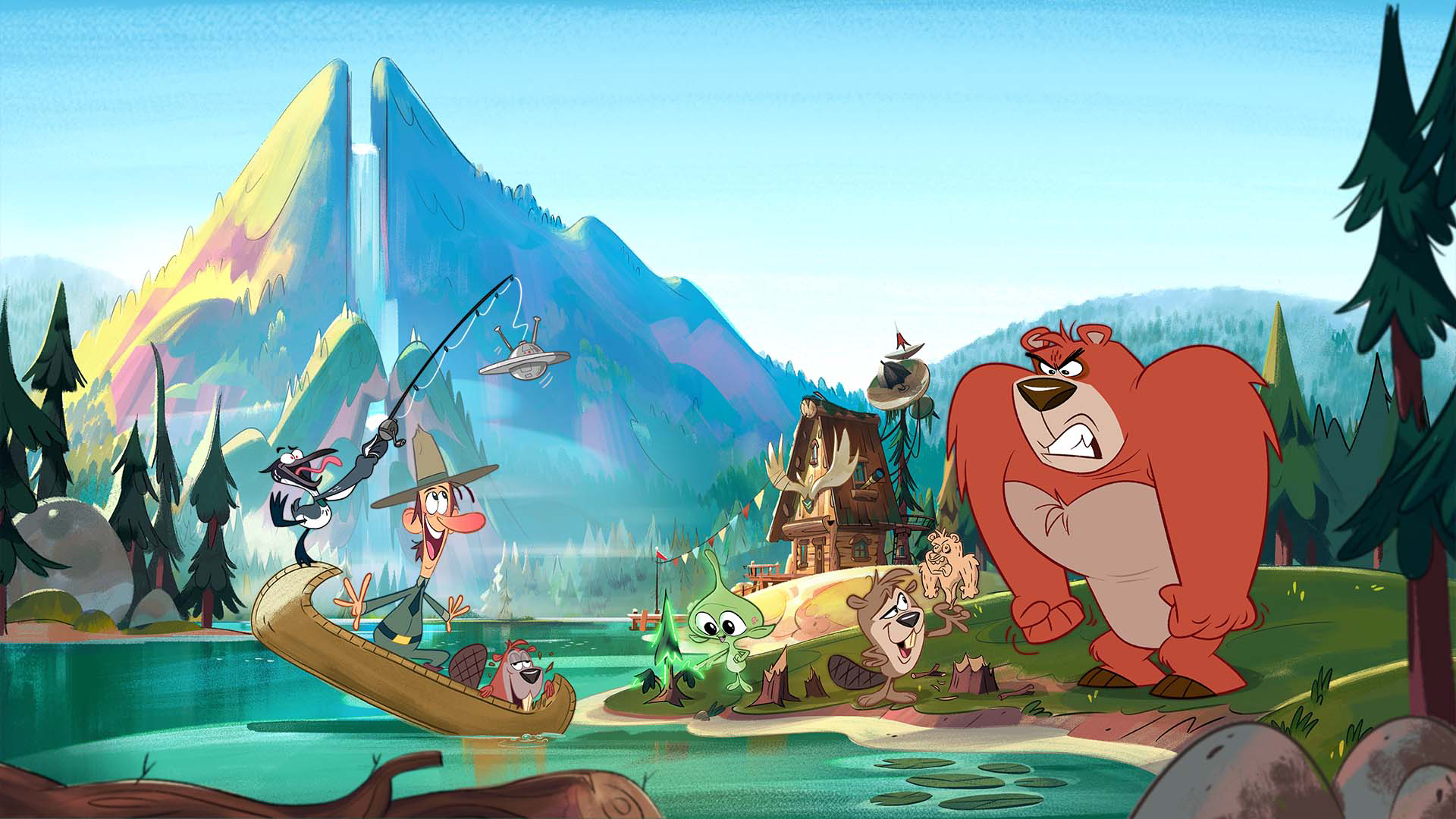 Loony Loon and Glen Jackson the ranger are on a boat in the water while Chuck and Saw the beavers, Allen the alien, and Mr. Prickle the Bear stand on the bank of the lake.