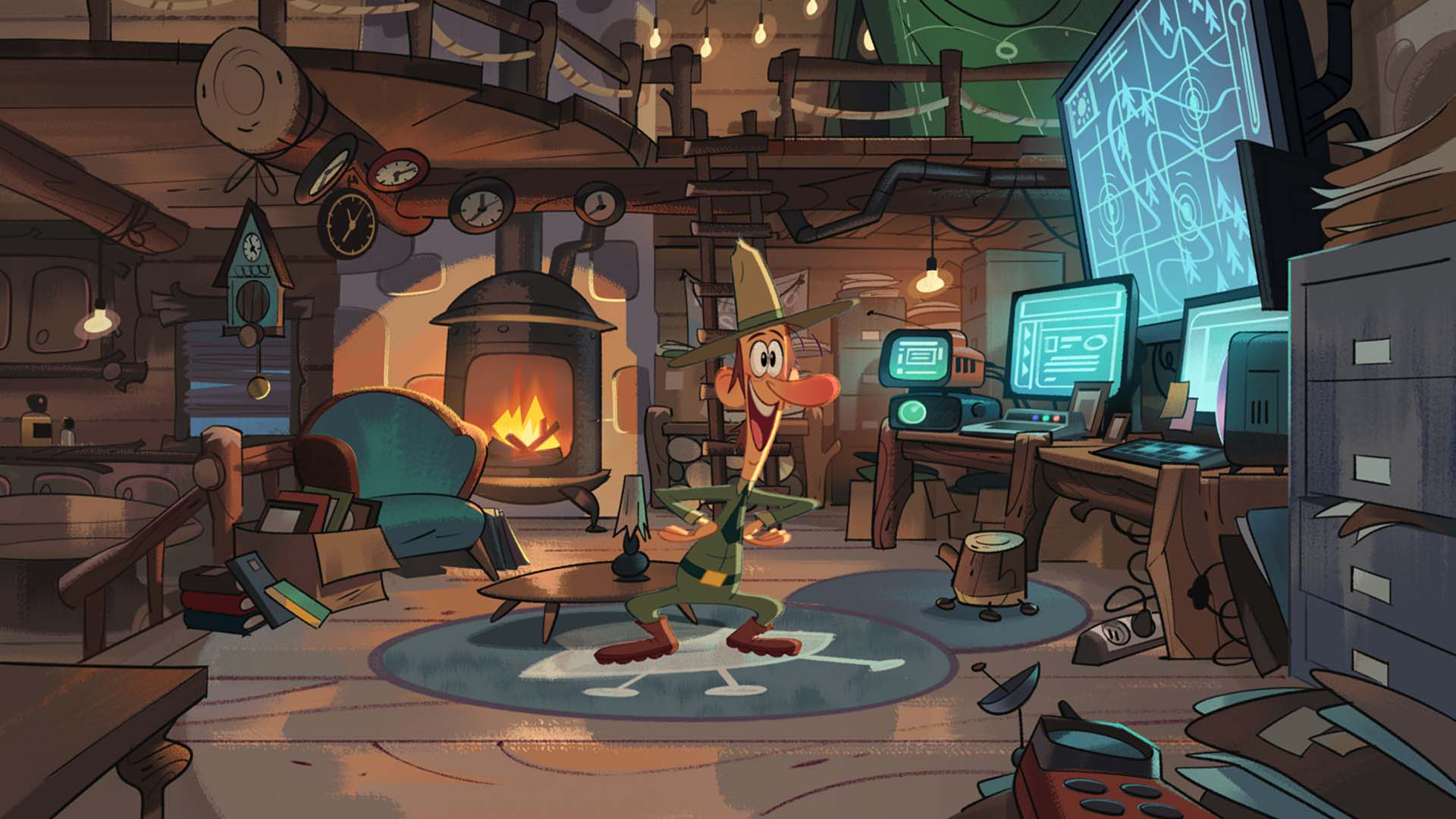 Interior of the ranger's wooden lodge with Glen Jackson the ranger looking at his computer screens that monitor alien life in space.