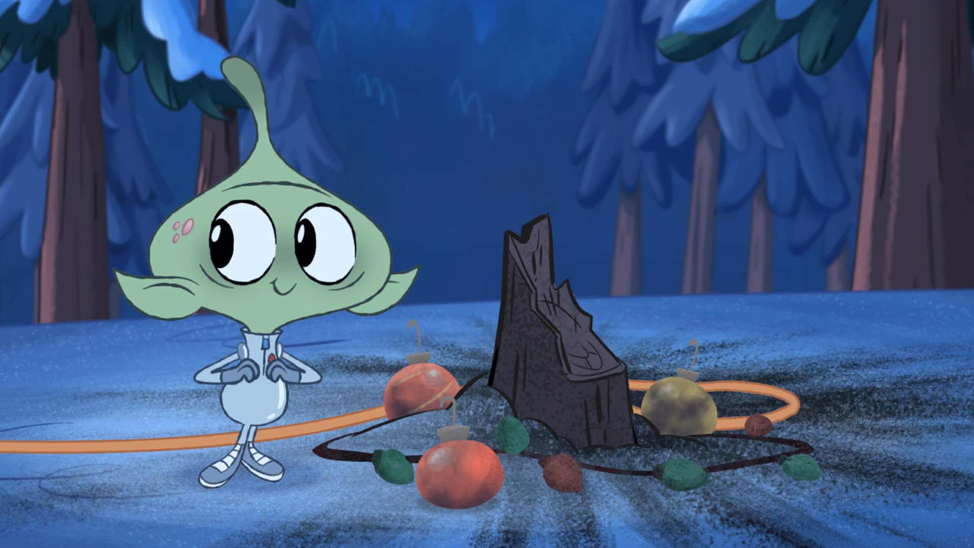 Allen the alien stands beside a burnt stump.