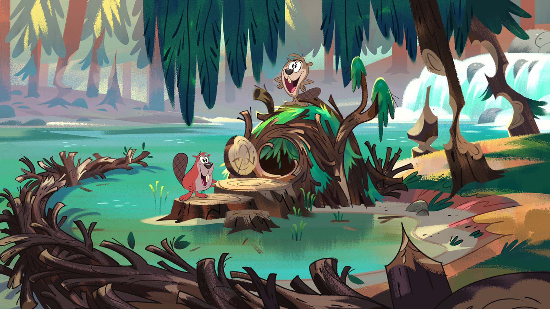 Chuck and Saw standing on the beaver dam in Loony Lake.