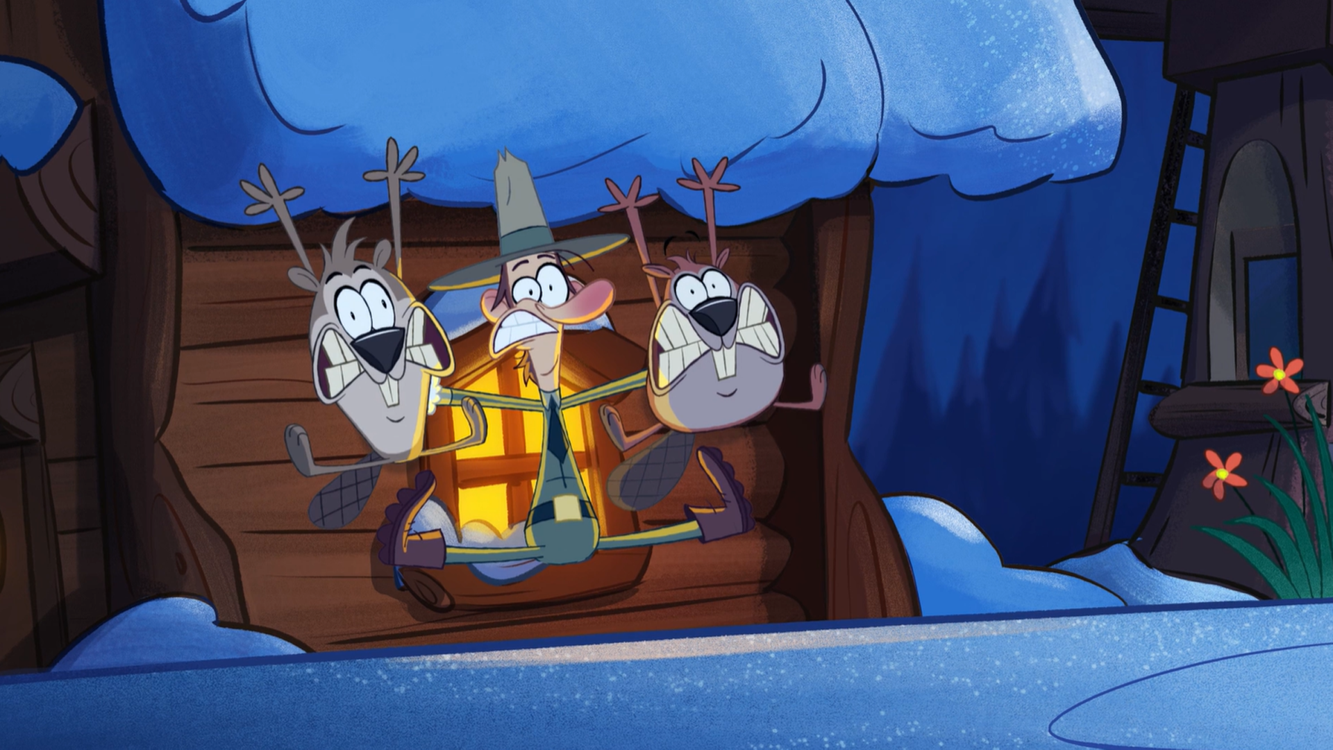 Glen Jackson the ranger and Chuck and Saw the beavers jump in the air in fright with their teeth clenched and eyes wide.