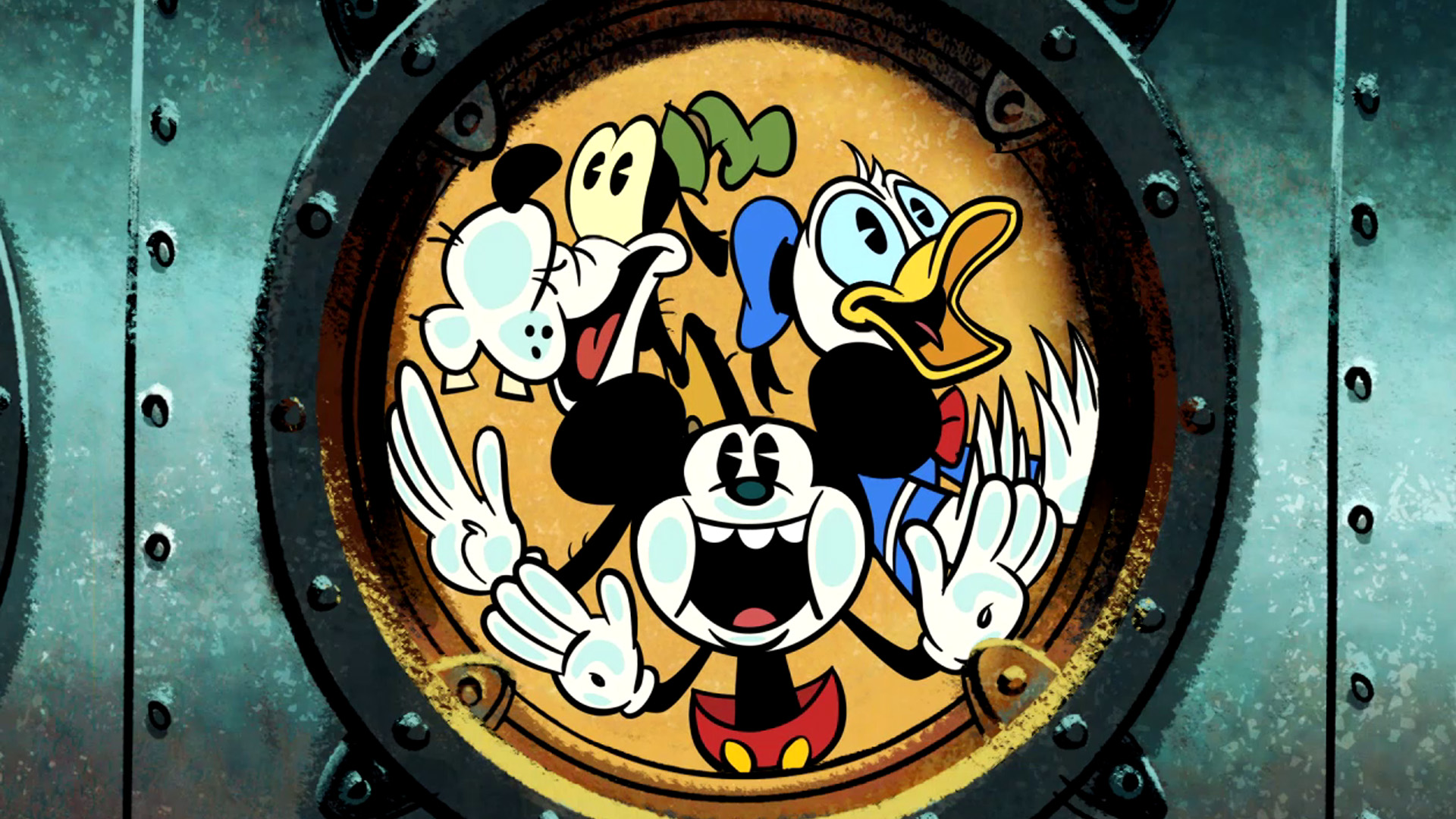 Mickey, Donald, and Goofy from Mickey Mouse Shorts stare in awe as they look out from a round window on a submarine underwater.