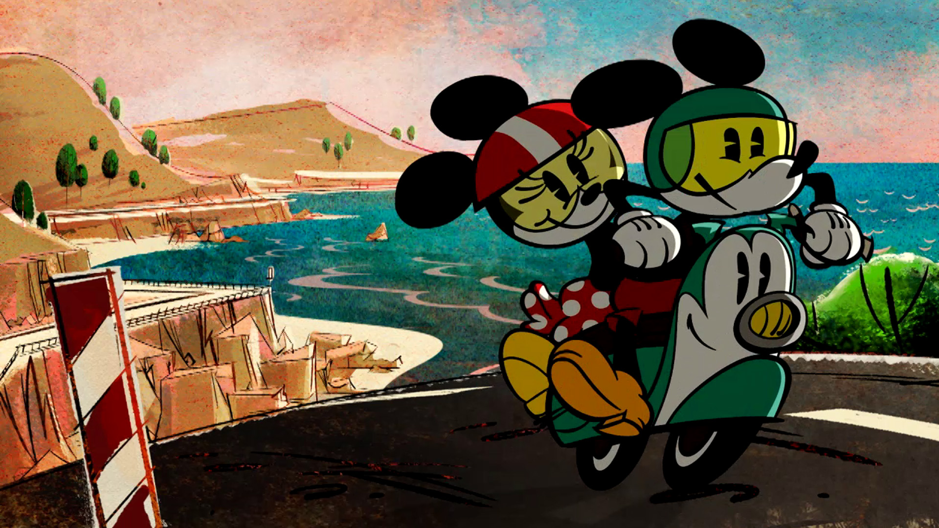 Mickey and Minnie from Mickey Mouse Shorts ride on a scooter together as the sun sets behind them.