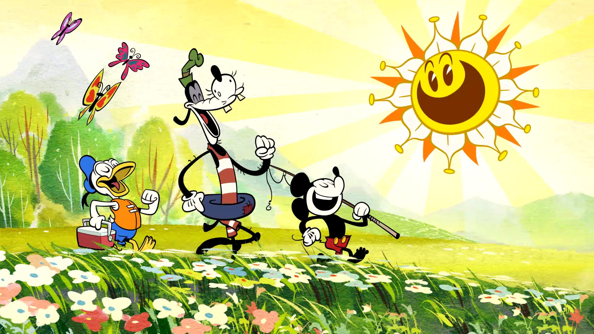 Donald, Goofy, and Mickey from Mickey Mouse Shorts are wearing swimsuits as they stroll merrily through a field of flowers while the sun smiles down at them from above.