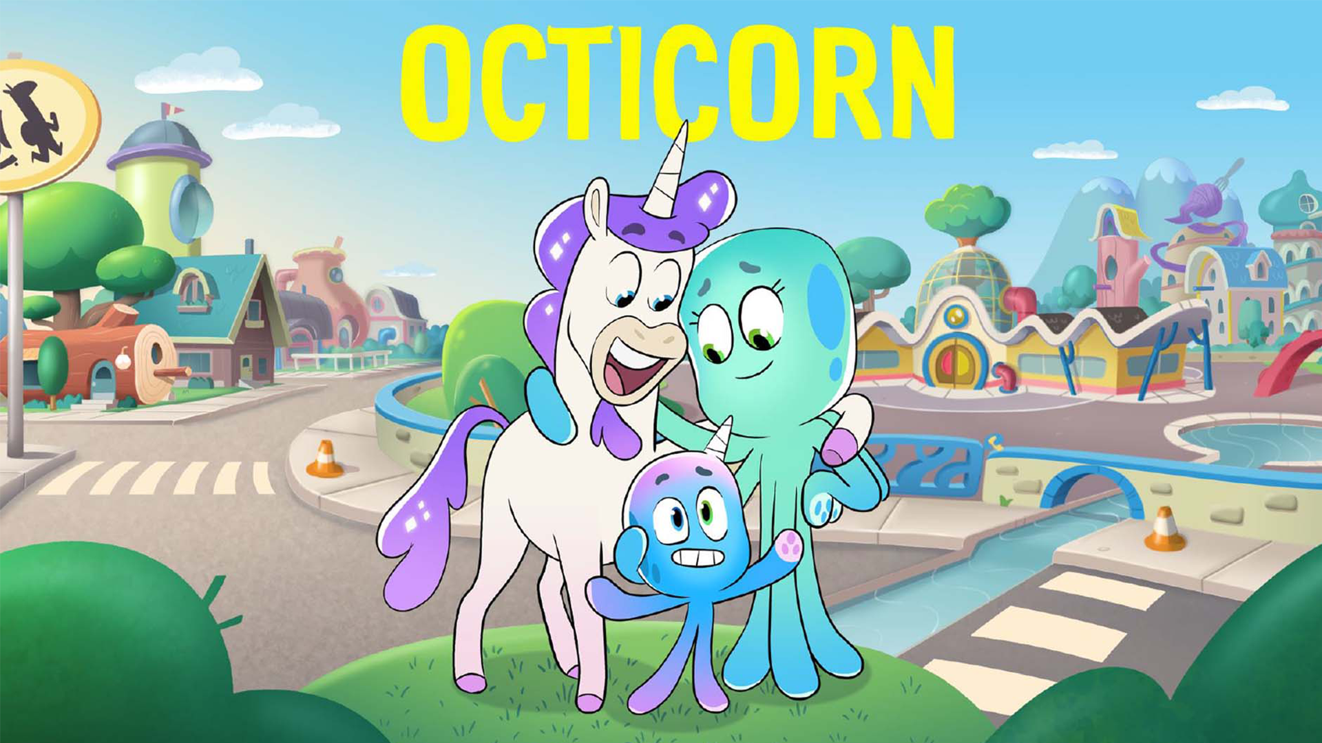 Octi and his friends are hugging in town while the word 'Octicorn' is overlayed.