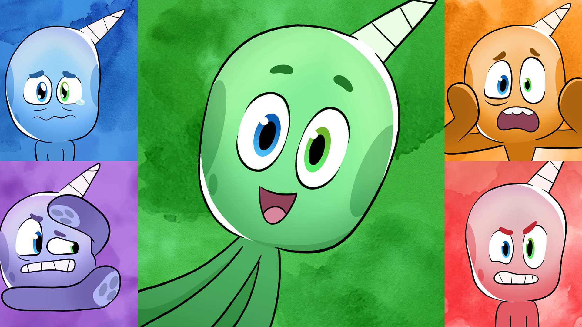 Octi from Octicorn in a split screen showing different his emotions each represented by a colour.