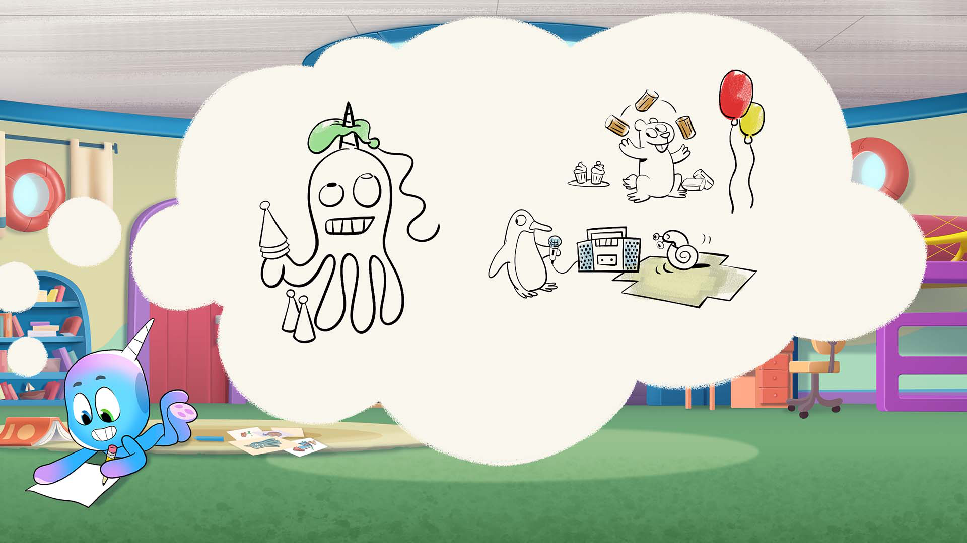 Oct from Octicorn lays on the floor drawing as he imagines drawings inside a thought bubble.