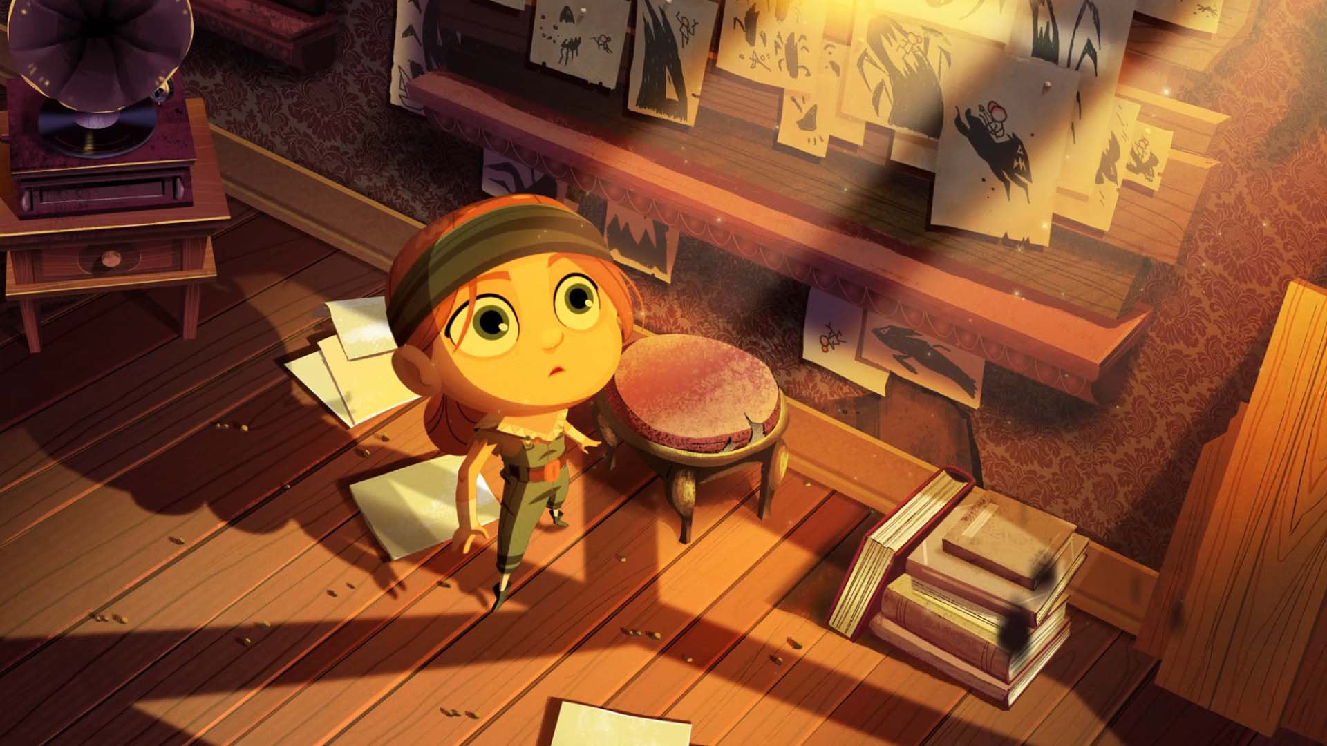 Ingrid is at her home base looking up at a beam of light that cascades down from the roof above her.