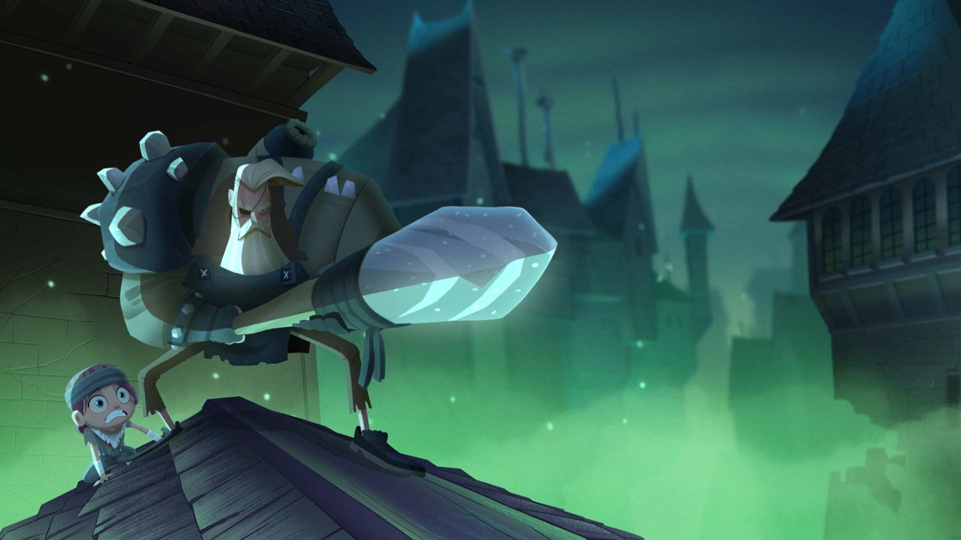 Fritz and Ingrid stand on top of a roof as Fritz holds a staff with a sparkling stone in defense. Green mist surrounds them.