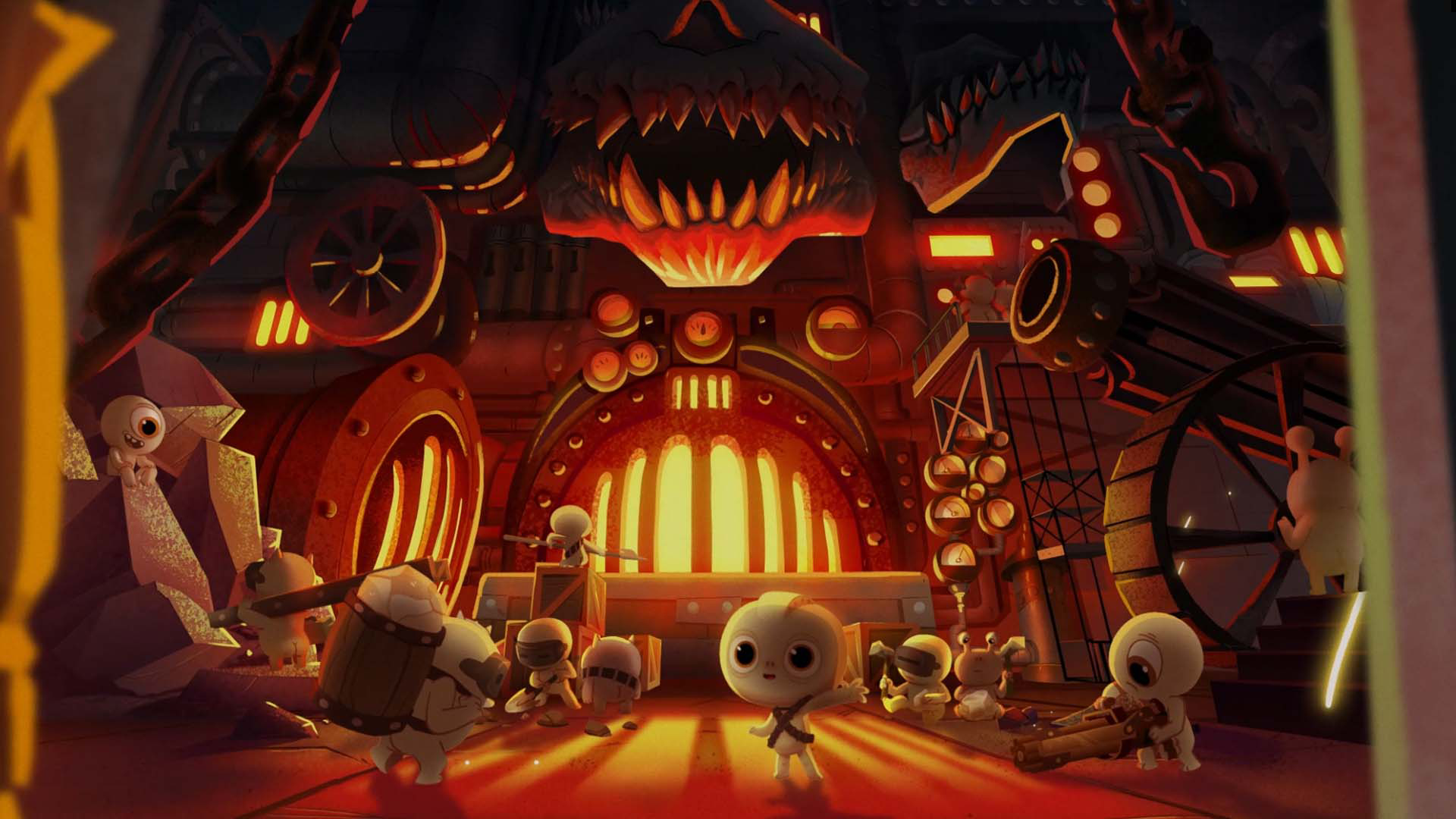 Little monsters from Once Our Land are working in a furnace room as one smiles and waves to the camera.