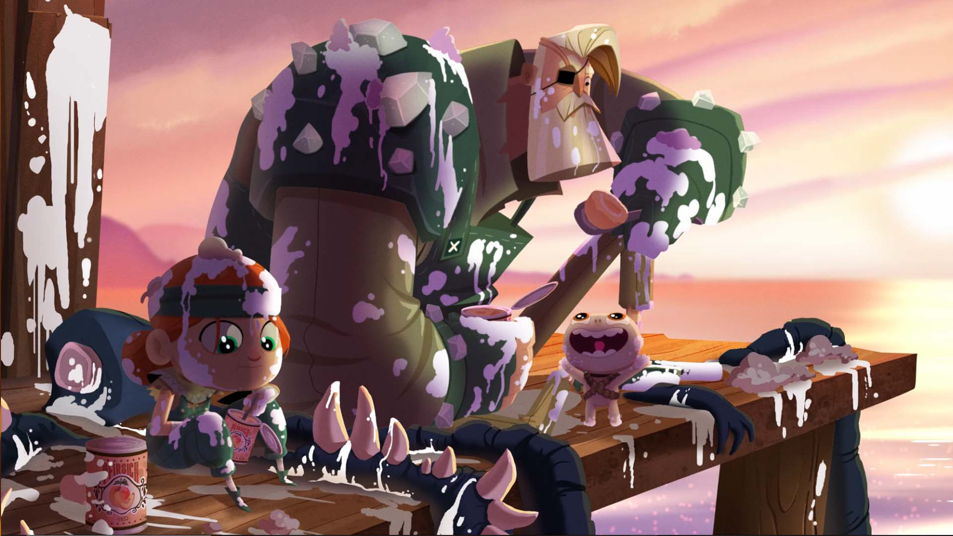 Fritz and Ingrid sit on a ledge above the ocean covered in soap as they eat cans of beans.