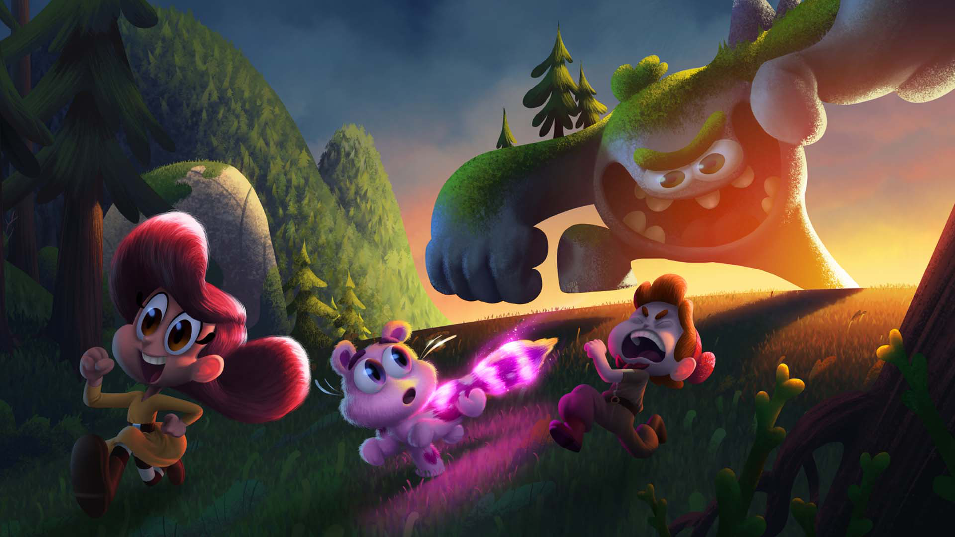 Max, Skwoosh and Maddie run over a hill and toward us toward us as they flee from a smiling rock troll.