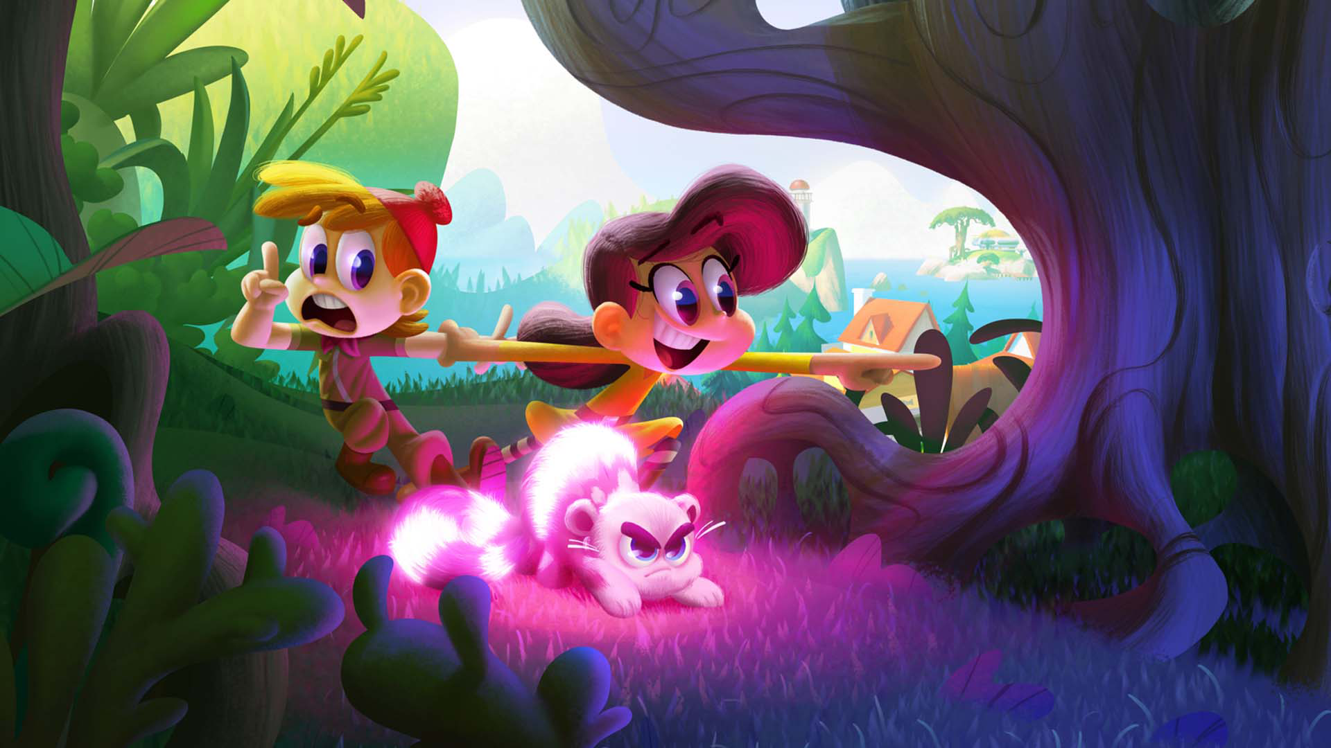 Max, Skwoosh and Maddie run over a hill and toward us toward us as they flee from a smiling rock troll.