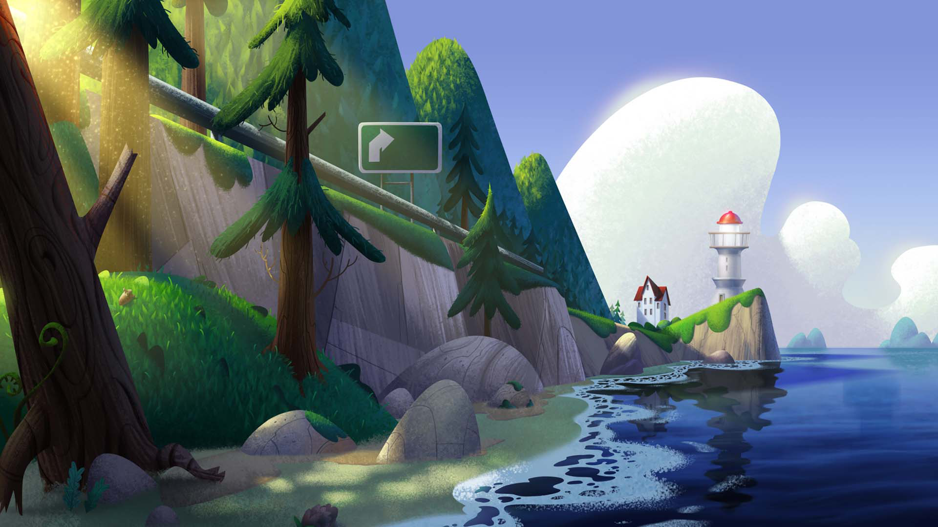 The sun breaks through the pine trees as we look up at Maddie's home at the base of the lighthouse.