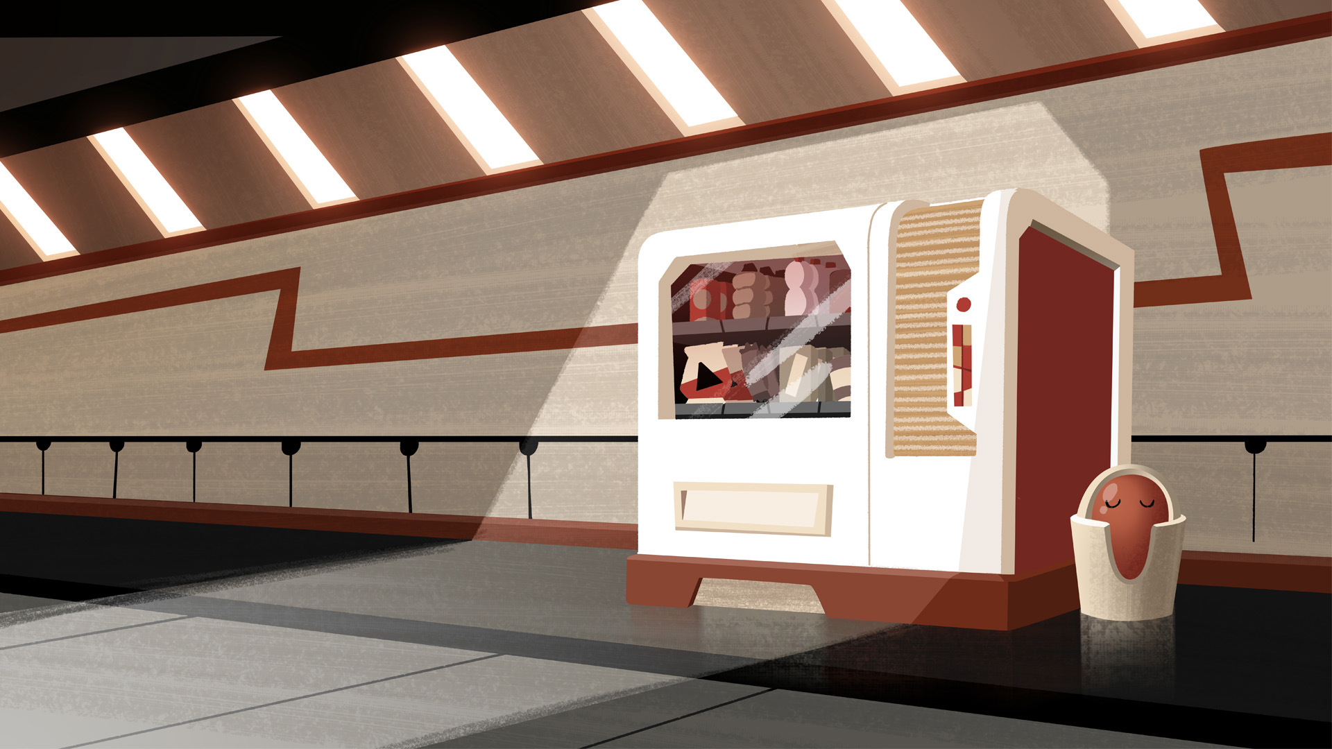 Inside Chip Johnson’s spaceship showing a futuristic room with a vending machine and innovative tile lights on the ceiling.