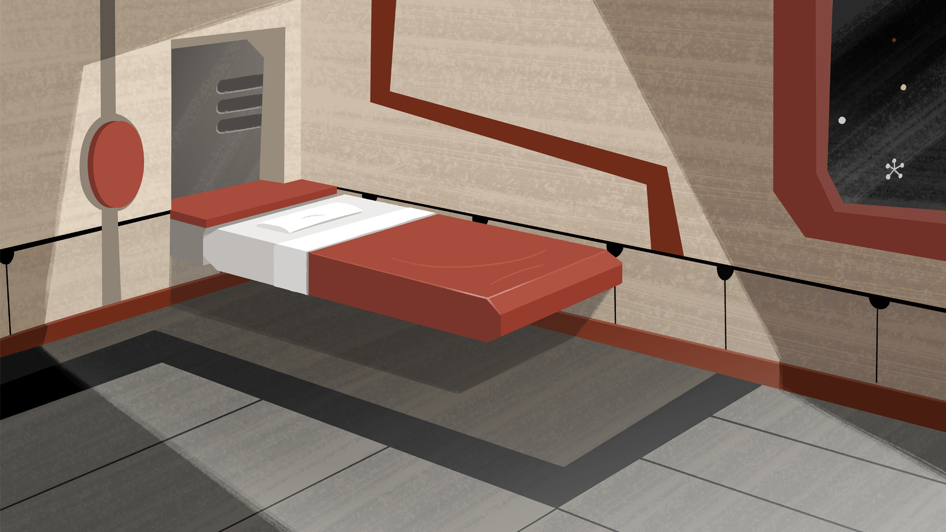 Inside Chip Johnson’s spaceship with a bed and a red blanket positioned in the corner of the room.