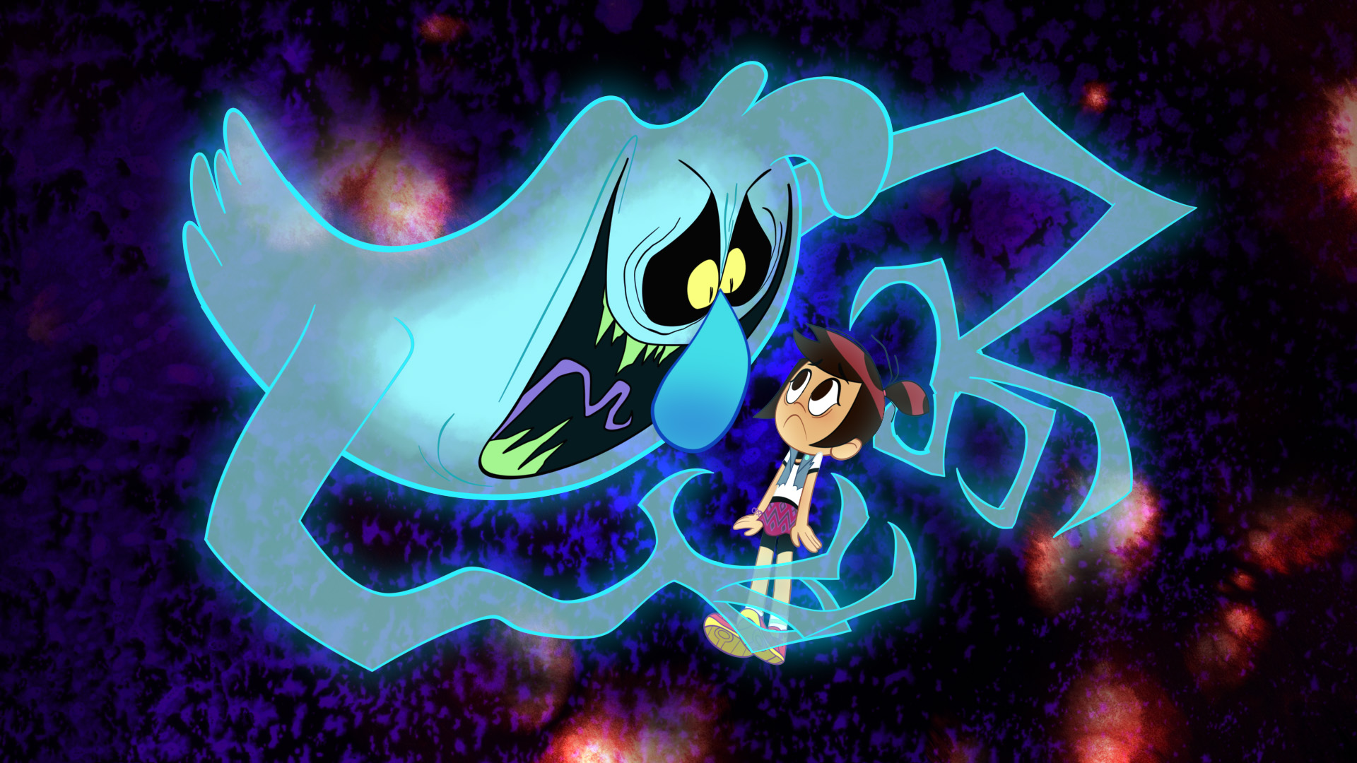 Scratch from The Ghost and Molly McGee is cackling with a scary look on his face as he reached his hands out towards a sad looking Molly.