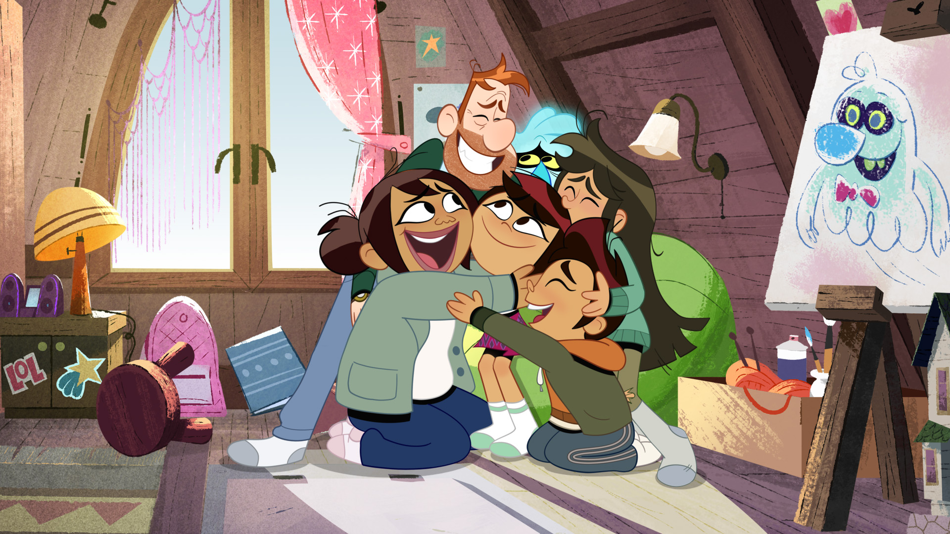 Sharon, Pete, Libby, Darryl, Molly, and Scratch from The Ghost and Molly McGee hug in Molly’s room as she stands in the middle smiling up at her family and friends.