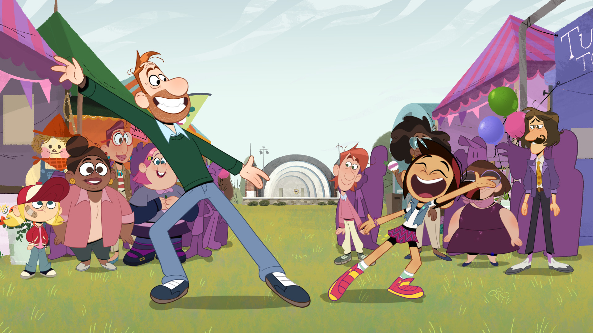 Molly and her Dad Pete from The Ghost and Molly McGee sing and dance together at a carnival as people watch from the background.