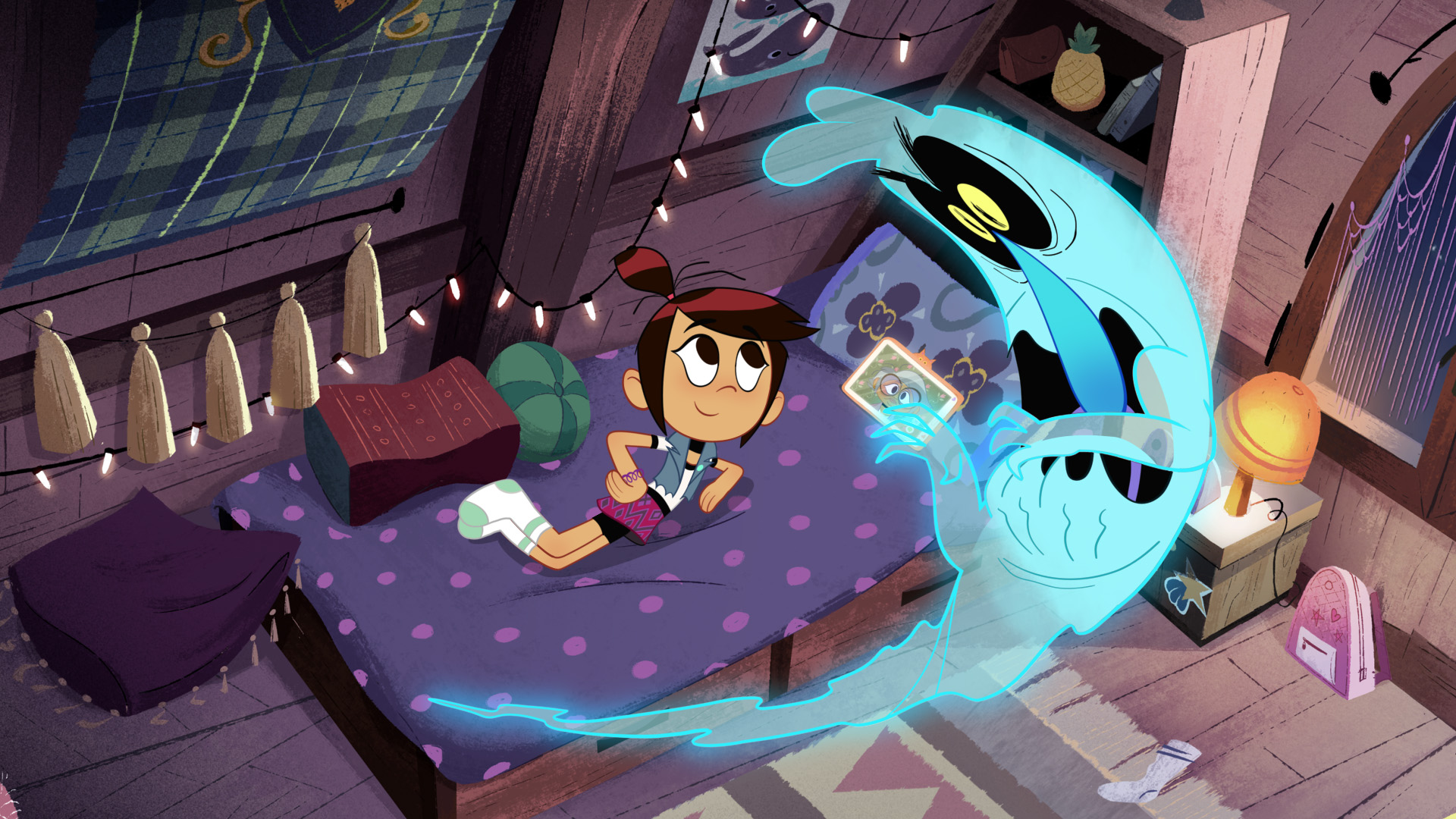 Molly from The Ghost and Molly McGee sits on her bed as Scratch holds a trading card and swirls around her in the air making a scary face.